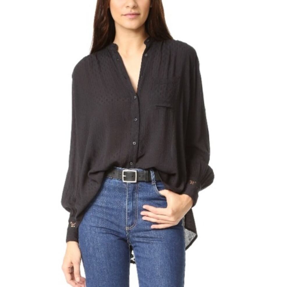 FREE PEOPLE The Best Button Down Shirt Long Sleeve Sheer Lace Black Womens XS